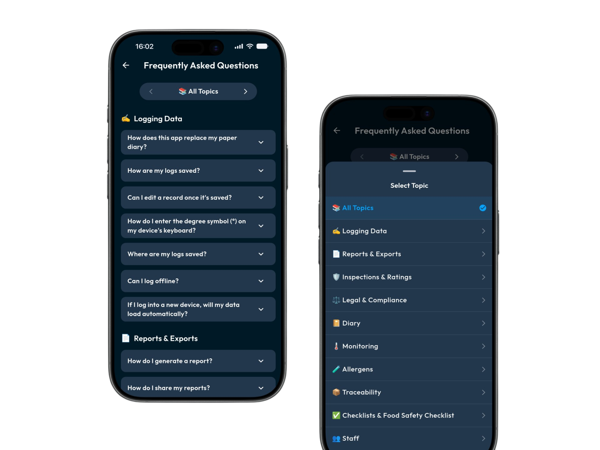 Business Logs app showing the extensive FAQ page and topic selector