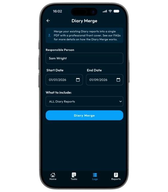 Business Logs app showing the Diary Merge form (to merge existing diary reports into a single PDF with a front cover)